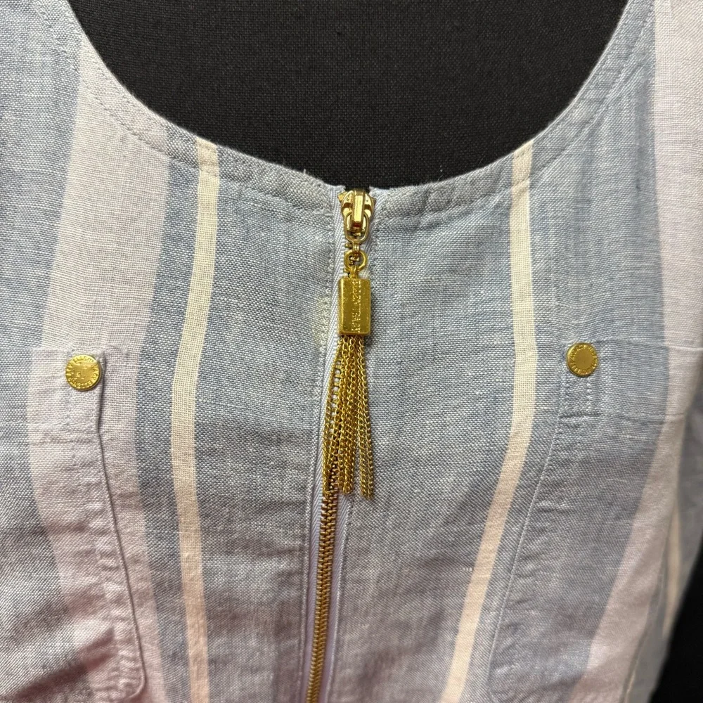 Ellen Tracy Linen Striped Tunic Top L Blue White Zip Front 3/4 Sleeve Summer - Picture 2 of 10